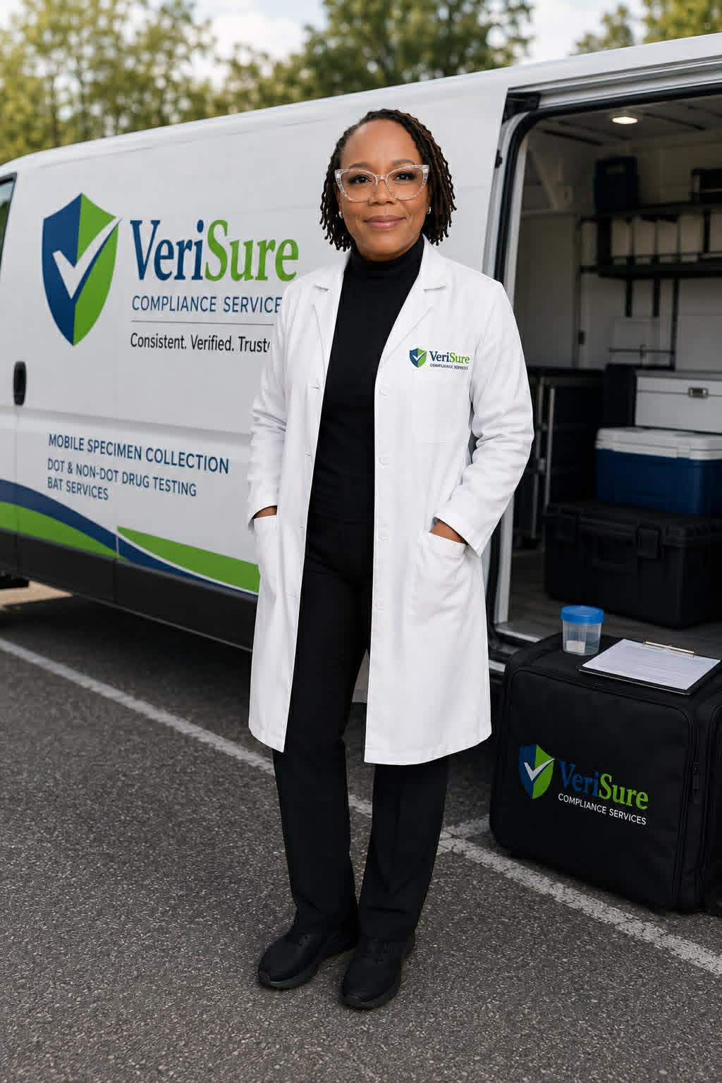 Candace Williams, owner of VeriSure Compliance Services, wearing a branded lab coat beside the company's mobile collection van